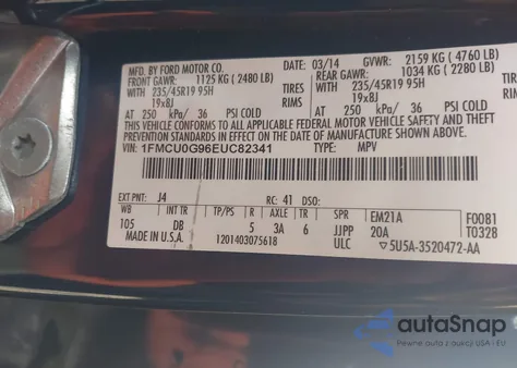 2014 Ford Escape Se from USA, damaged, VIN 1FMCU0G96EUC82341